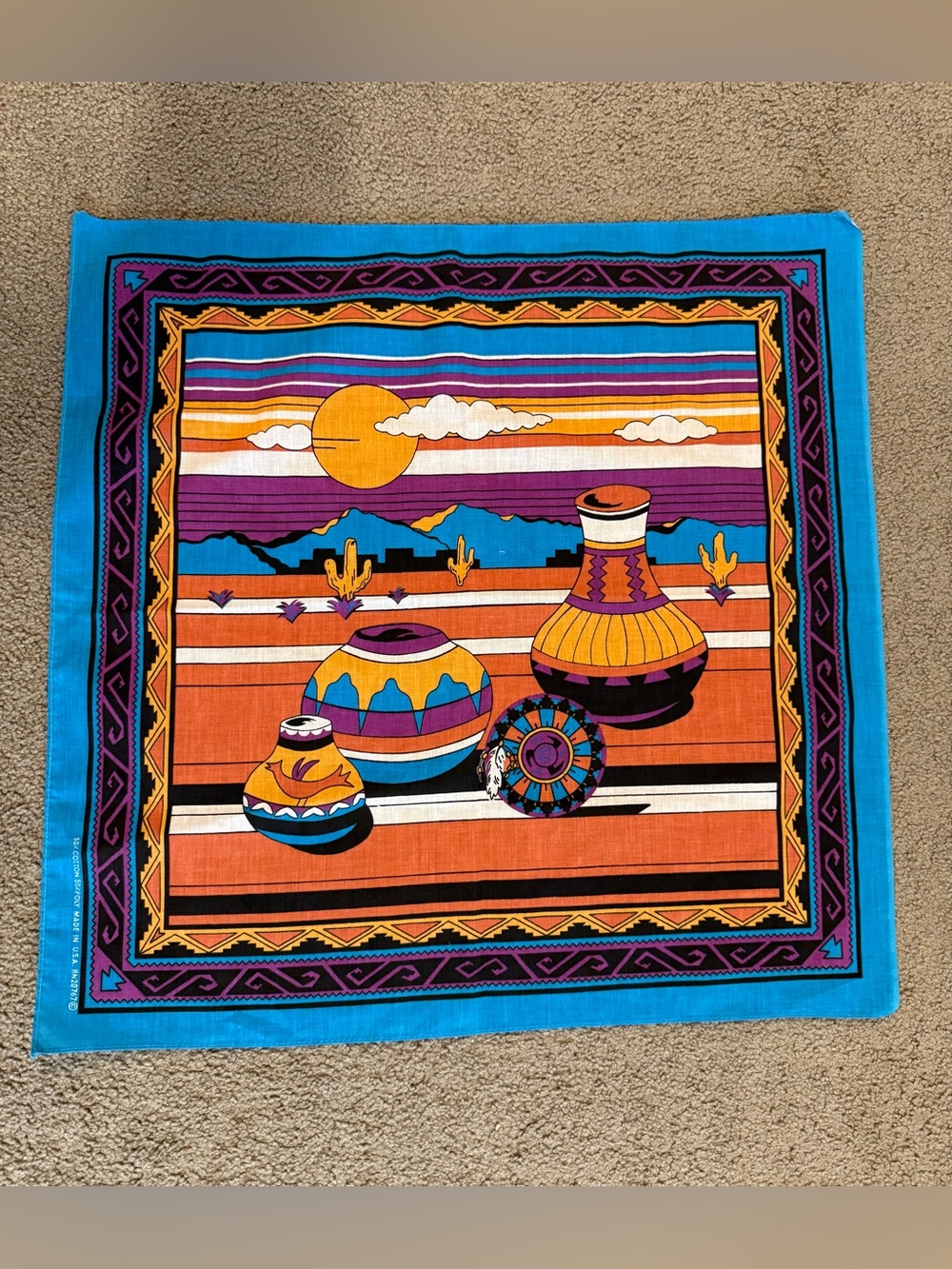 Vtg Antique Teal Aqua Blue MADE USA Cotton BANDANA NATIVE AMERICAN POTTERY